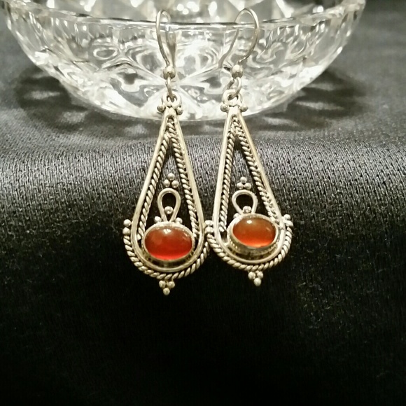 925 Silver Filigree Carnelian Hook Earrings - Picture 2 of 6